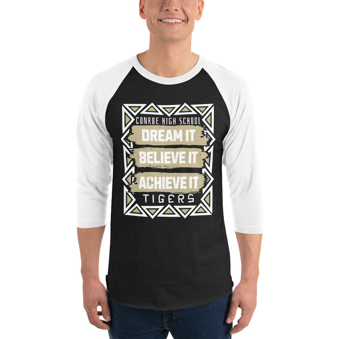 Man wearing Conroe High School Tigers Unisex 3/4 sleeve Raglan T-shirt 228
