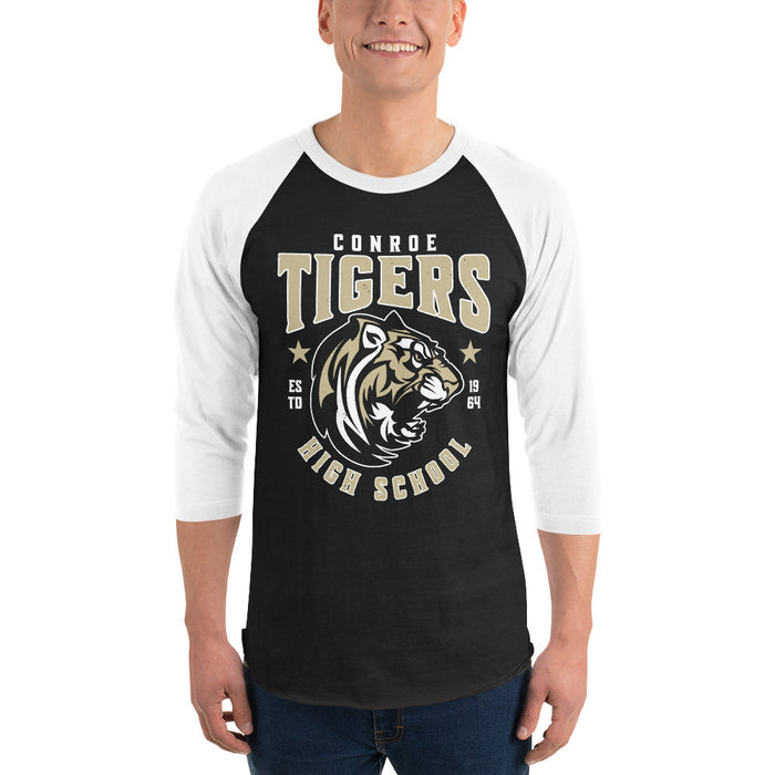 Man wearing Conroe High School Tigers Unisex 3/4 sleeve Raglan T-shirt 213