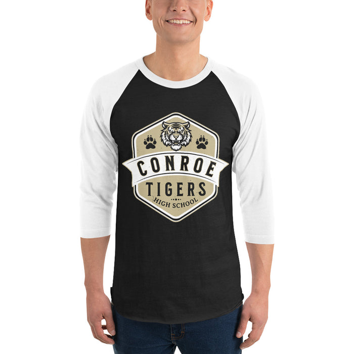 Man wearing Conroe High School Tigers Unisex 3/4 sleeve Raglan T-shirt 209