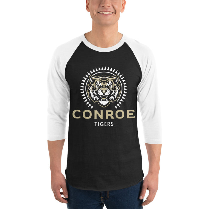 Man wearing Conroe High School Tigers Unisex 3/4 sleeve Raglan T-shirt 226