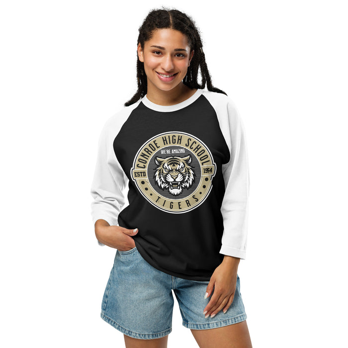 Woman wearing Conroe High School Tigers Unisex 3/4 sleeve Raglan T-shirt 224