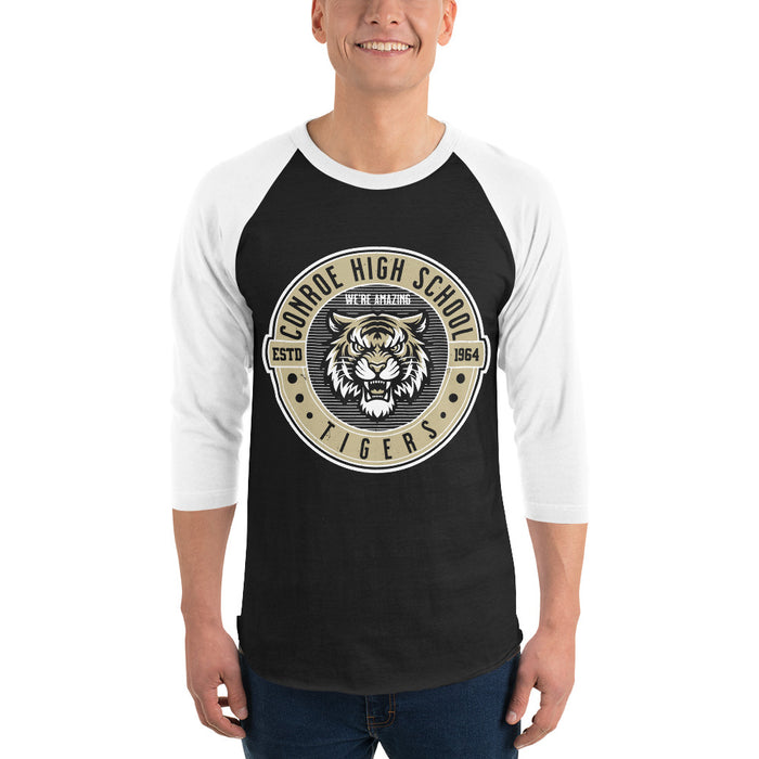 Man wearing Conroe High School Tigers Unisex 3/4 sleeve Raglan T-shirt 224