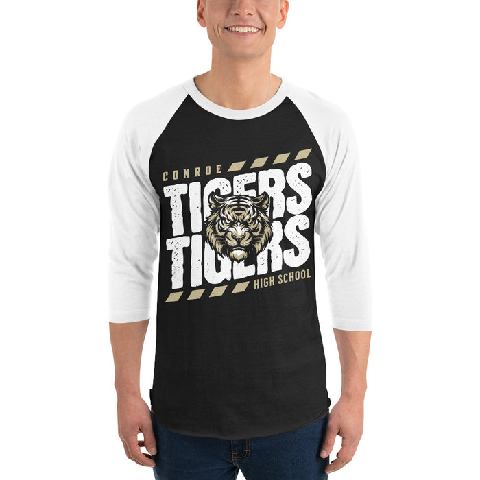 Man wearing Conroe High School Tigers Unisex 3/4 sleeve Raglan T-shirt 223