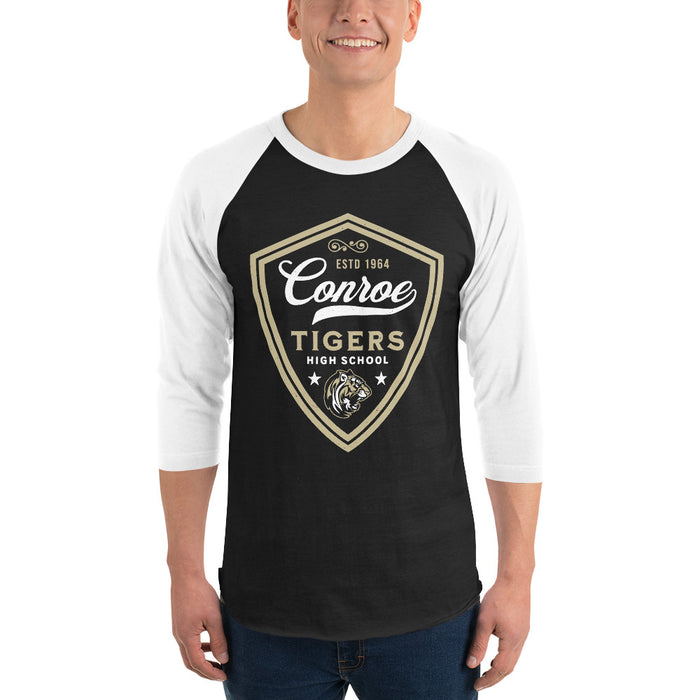 Man wearing Conroe High School Tigers Unisex 3/4 sleeve Raglan T-shirt 225