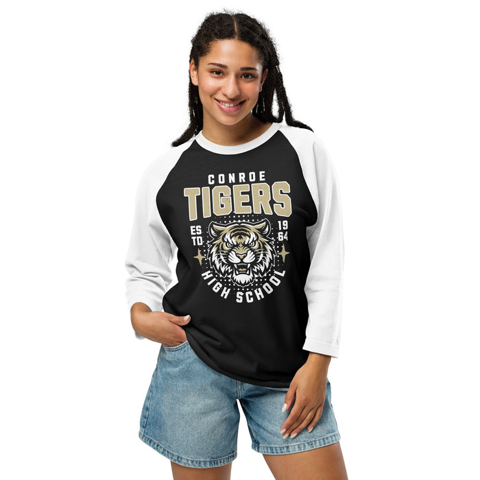 Woman wearing Conroe High School Tigers Unisex 3/4 sleeve Raglan T-shirt 204