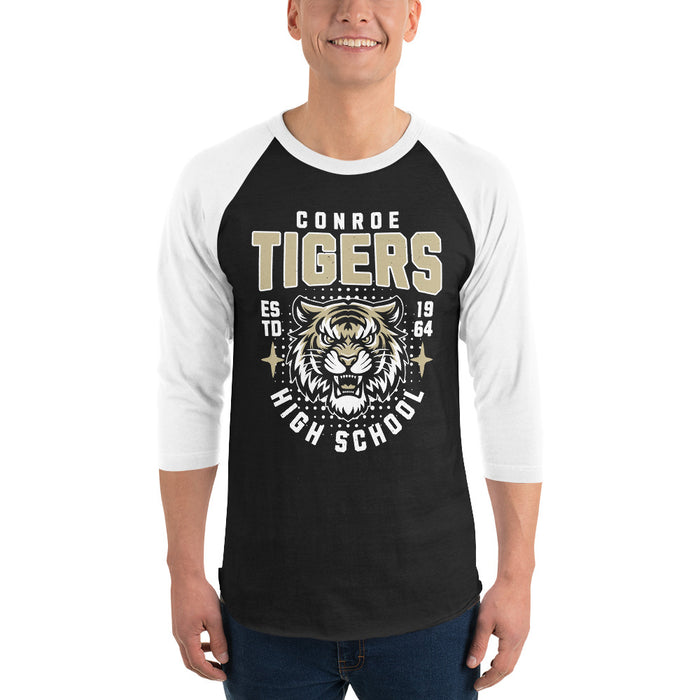 Man wearing Conroe High School Tigers Unisex 3/4 sleeve Raglan T-shirt 204