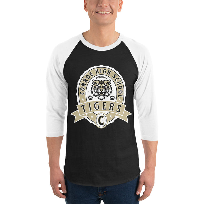 Man wearing Conroe High School Tigers Unisex 3/4 sleeve Raglan T-shirt 212