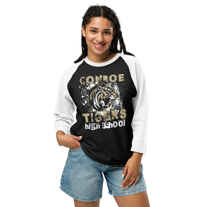 Woman wearing Conroe High School Tigers Unisex 3/4 sleeve Raglan T-shirt 205