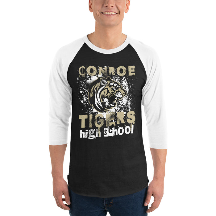 Man wearing Conroe High School Tigers Unisex 3/4 sleeve Raglan T-shirt 205