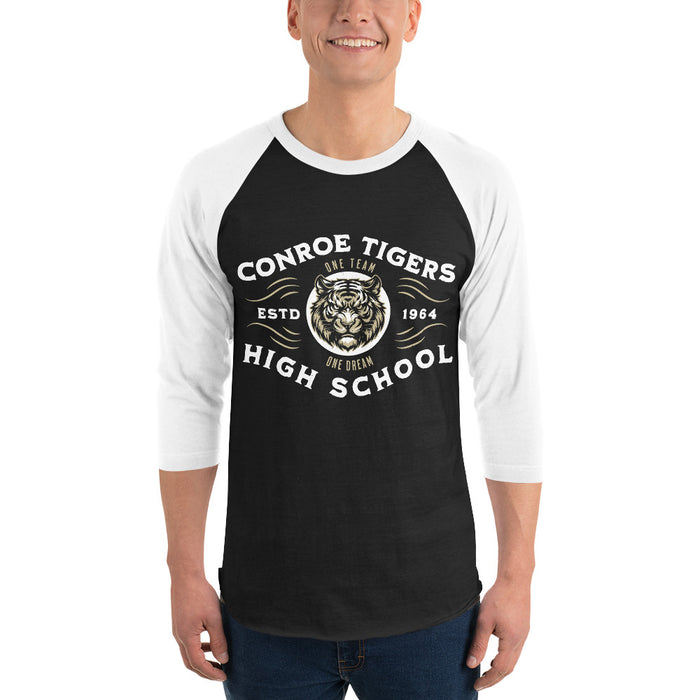 Man wearing Conroe High School Tigers Unisex 3/4 sleeve Raglan T-shirt 230