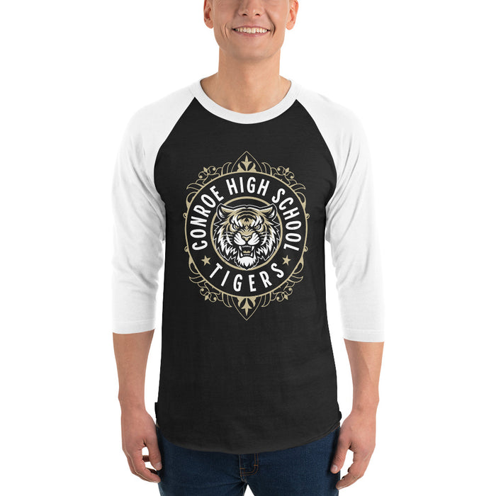 Man wearing Conroe High School Tigers Unisex 3/4 sleeve Raglan T-shirt 227