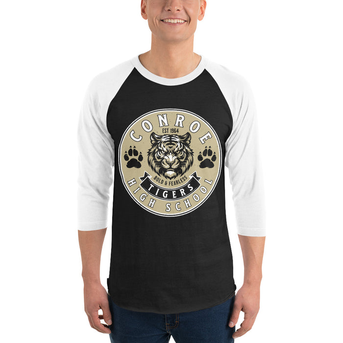 Man wearing Conroe High School Tigers Unisex 3/4 sleeve Raglan T-shirt 215