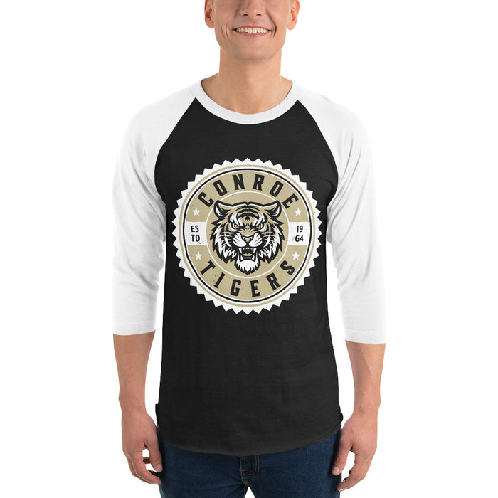 Man wearing Conroe High School Tigers Unisex 3/4 sleeve Raglan T-shirt 203