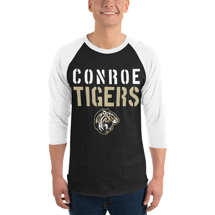 Man wearing Conroe High School Tigers Unisex 3/4 sleeve Raglan T-shirt 017