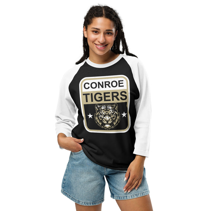 Woman wearing Conroe High School Tigers Unisex 3/4 sleeve Raglan T-shirt 001