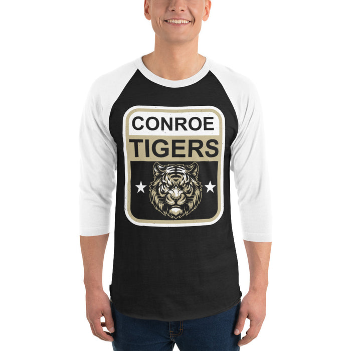 Man wearing Conroe High School Tigers Unisex 3/4 sleeve Raglan T-shirt 001