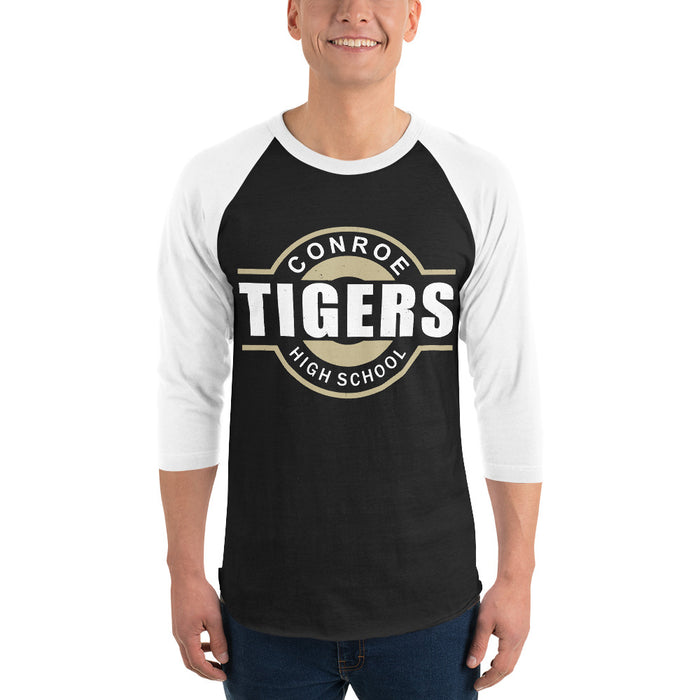 Man wearing Conroe High School Tigers Unisex 3/4 sleeve Raglan T-shirt 011