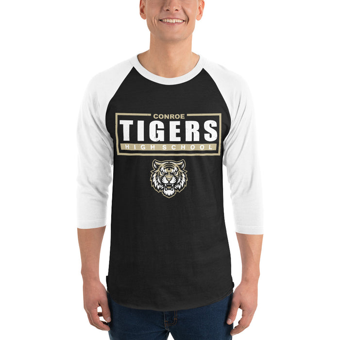 Man wearing Conroe High School Tigers Unisex 3/4 sleeve Raglan T-shirt 049