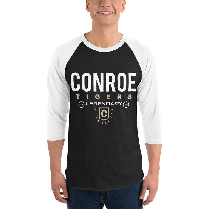 Man wearing Conroe High School Tigers Unisex 3/4 sleeve Raglan T-shirt 003