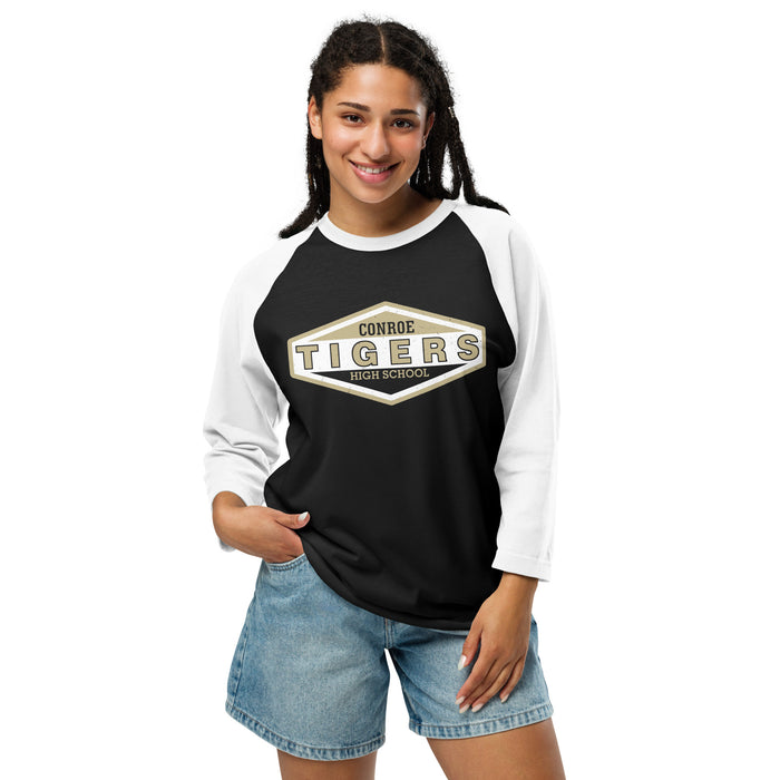 Woman wearing Conroe High School Tigers Unisex 3/4 sleeve Raglan T-shirt 009