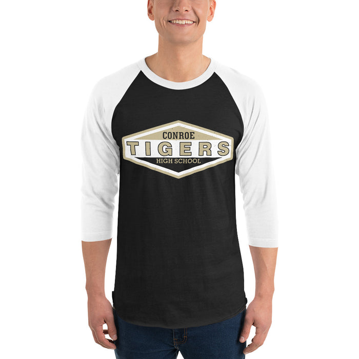 Man wearing Conroe High School Tigers Unisex 3/4 sleeve Raglan T-shirt 009