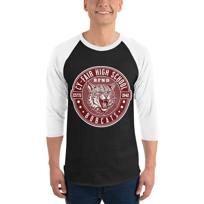 Man wearing Cy-Fair High School Bobcats Unisex 3/4 sleeve Raglan T-shirt 224