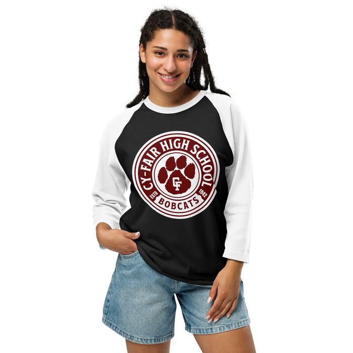 Woman wearing Cy-Fair High School Bobcats Unisex 3/4 sleeve Raglan T-shirt 220