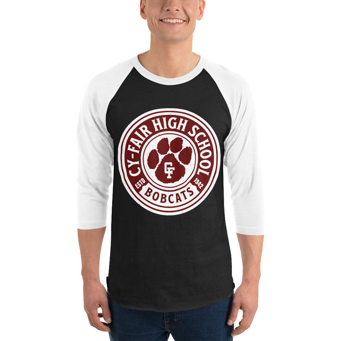 Man wearing Cy-Fair High School Bobcats Unisex 3/4 sleeve Raglan T-shirt 220