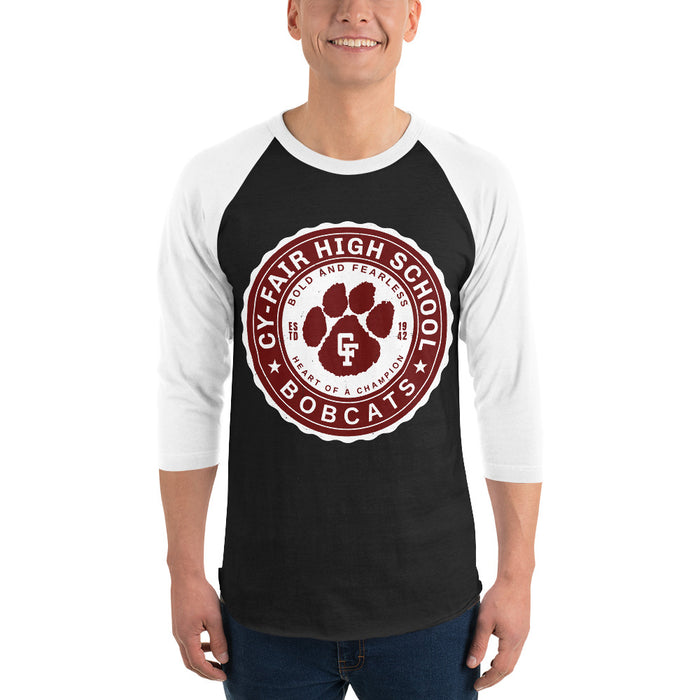 Man wearing Cy-Fair High School Bobcats Unisex 3/4 sleeve Raglan T-shirt 216
