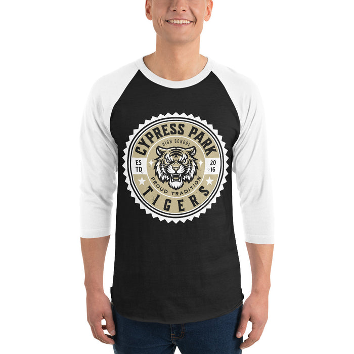 Man wearing Cypress Park High School Tigers Unisex 3/4 sleeve Raglan T-shirt 203