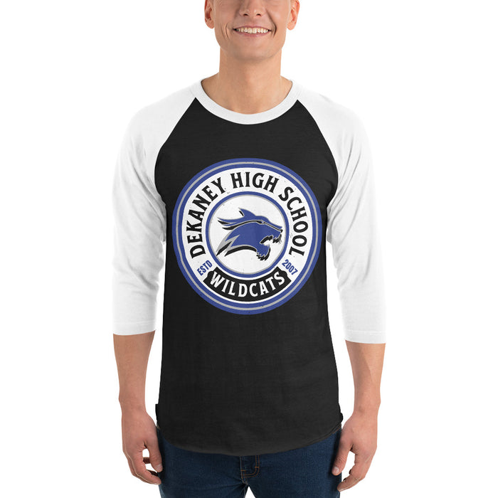 Man wearing Dekaney High School Wildcats Unisex 3/4 sleeve Raglan T-shirt 220