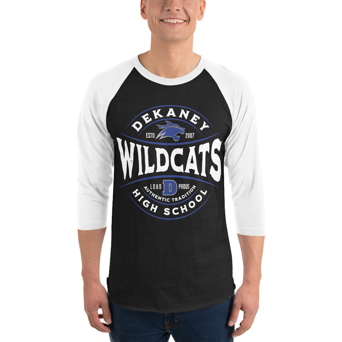 Man wearing Dekaney High School Wildcats Unisex 3/4 sleeve Raglan T-shirt 218