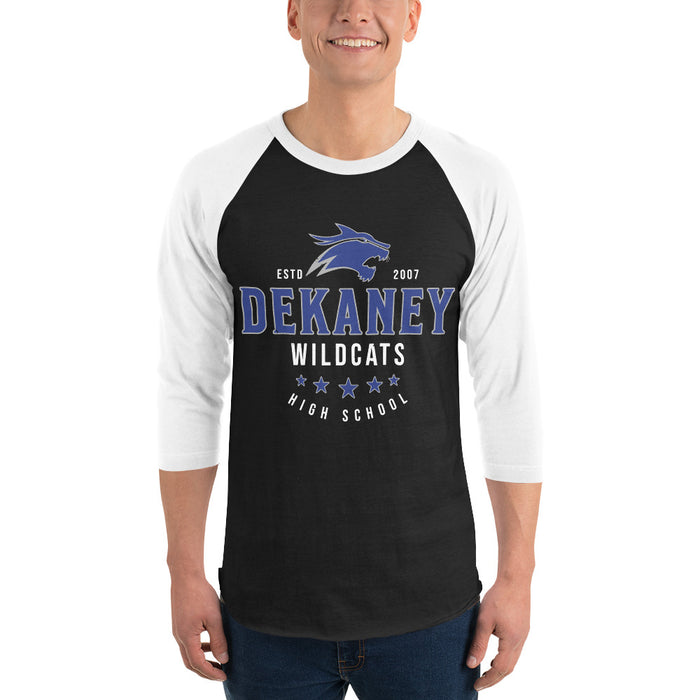 Man wearing Dekaney High School Wildcats Unisex 3/4 sleeve Raglan T-shirt 217