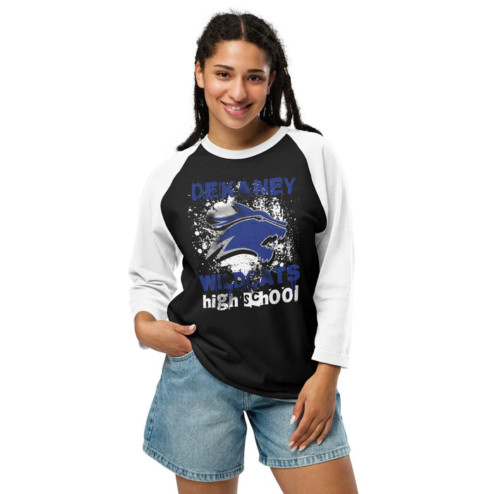 Woman wearing Dekaney High School Wildcats Unisex 3/4 sleeve Raglan T-shirt 205