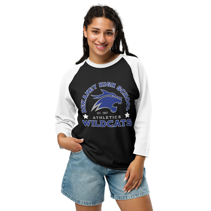 Woman wearing Dekaney High School Wildcats Unisex 3/4 sleeve Raglan T-shirt 208