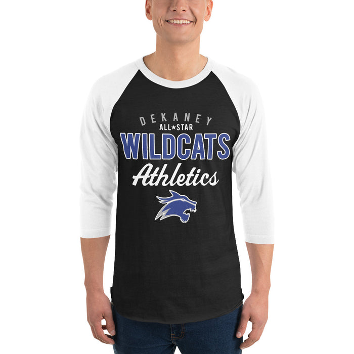 Man wearing Dekaney High School Wildcats Unisex 3/4 sleeve Raglan T-shirt 034
