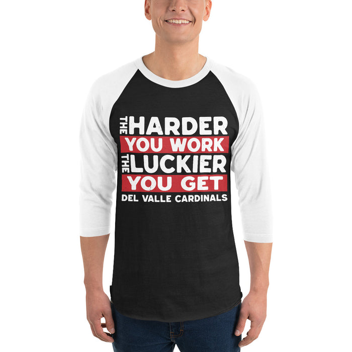 Man wearing Del Valle High School Cardinals Unisex 3/4 sleeve Raglan T-shirt 238