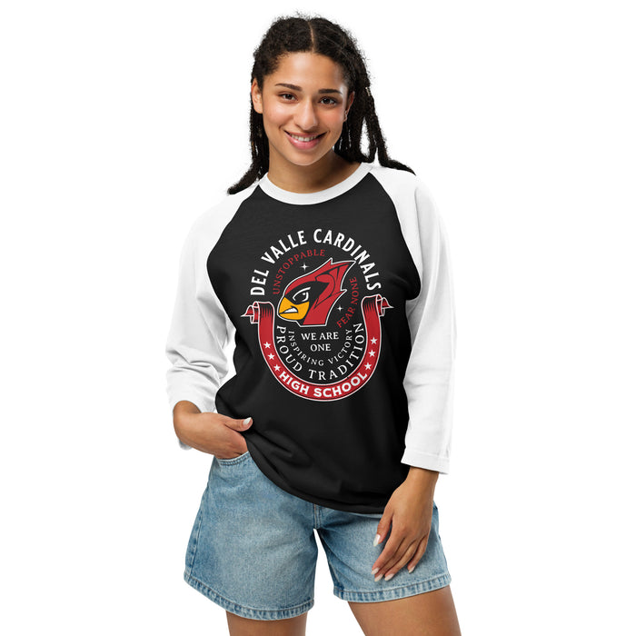 Woman wearing Del Valle High School Cardinals Unisex 3/4 sleeve Raglan T-shirt 229