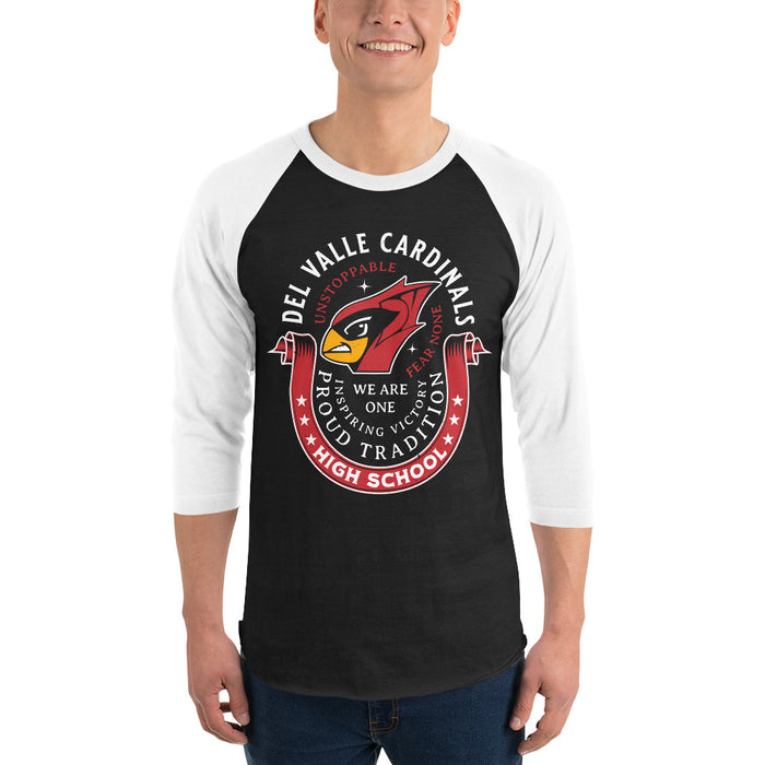 Man wearing Del Valle High School Cardinals Unisex 3/4 sleeve Raglan T-shirt 229