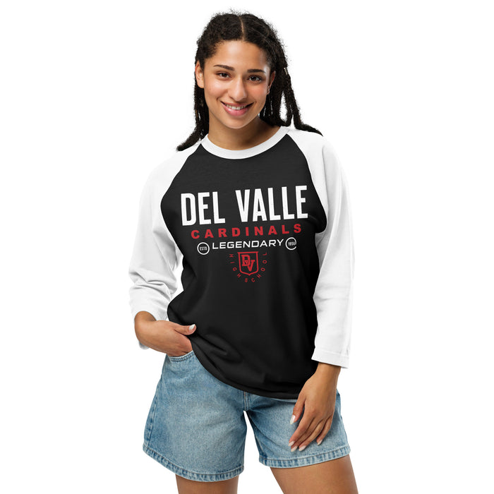 Woman wearing Del Valle High School Cardinals Unisex 3/4 sleeve Raglan T-shirt 003