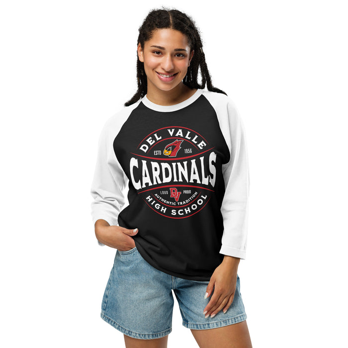 Woman wearing Del Valle High School Cardinals Unisex 3/4 sleeve Raglan T-shirt 218