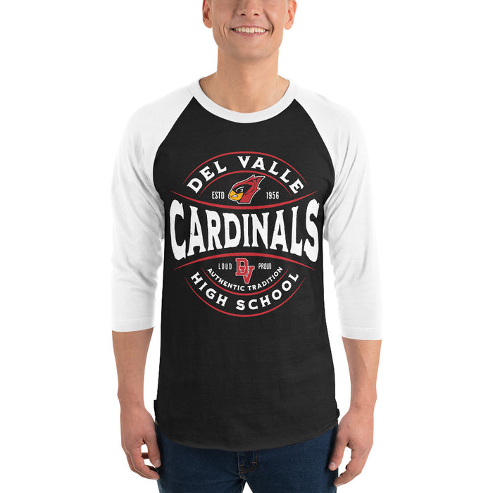 Man wearing Del Valle High School Cardinals Unisex 3/4 sleeve Raglan T-shirt 218