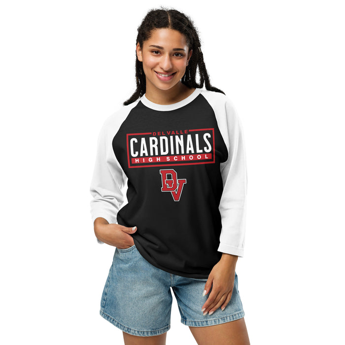 Woman wearing Del Valle High School Cardinals Unisex 3/4 sleeve Raglan T-shirt 049