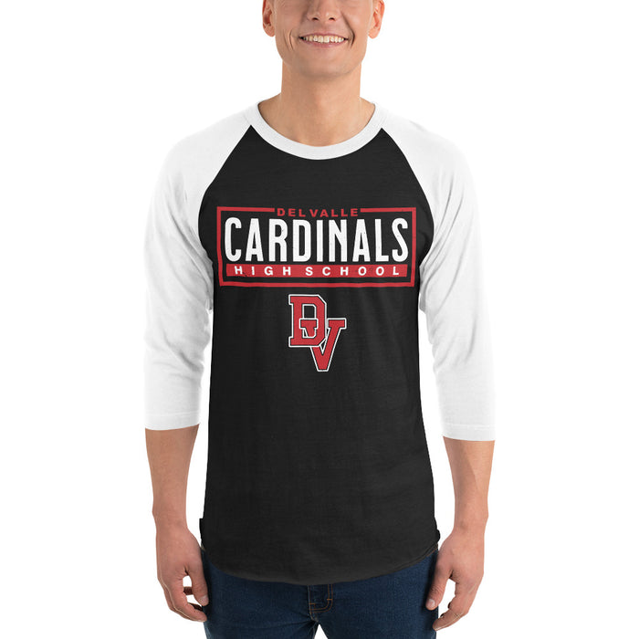 Man wearing Del Valle High School Cardinals Unisex 3/4 sleeve Raglan T-shirt 049