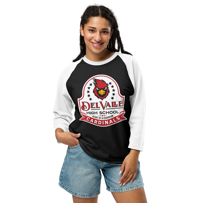 Woman wearing Del Valle High School Cardinals Unisex 3/4 sleeve Raglan T-shirt 219