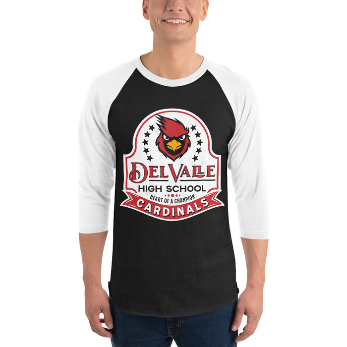 Man wearing Del Valle High School Cardinals Unisex 3/4 sleeve Raglan T-shirt 219