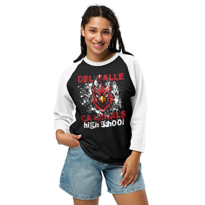Woman wearing Del Valle High School Cardinals Unisex 3/4 sleeve Raglan T-shirt 205
