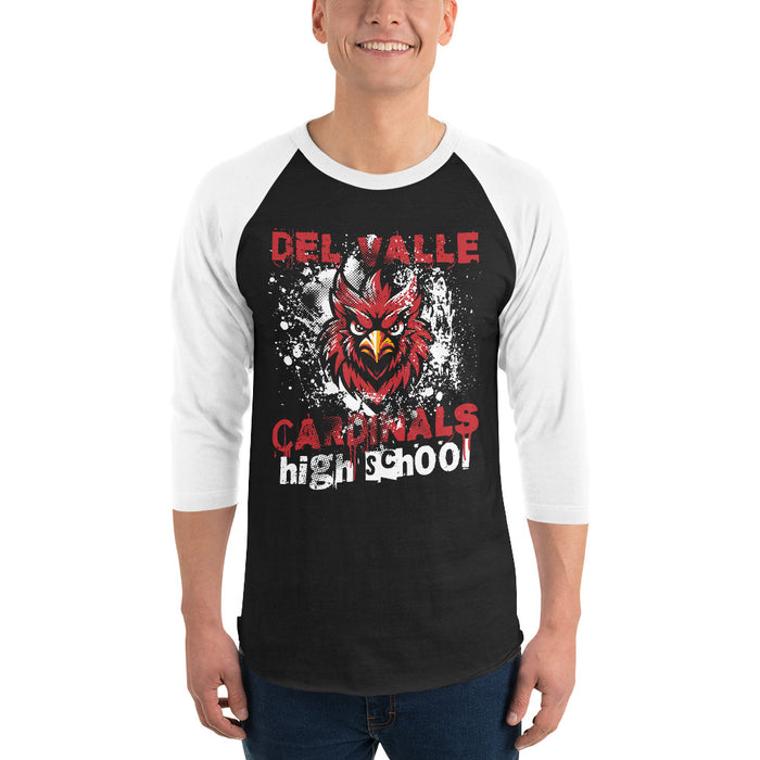 Man wearing Del Valle High School Cardinals Unisex 3/4 sleeve Raglan T-shirt 205