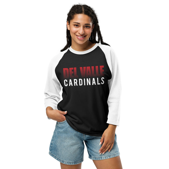 Woman wearing Del Valle High School Cardinals Unisex 3/4 sleeve Raglan T-shirt 024