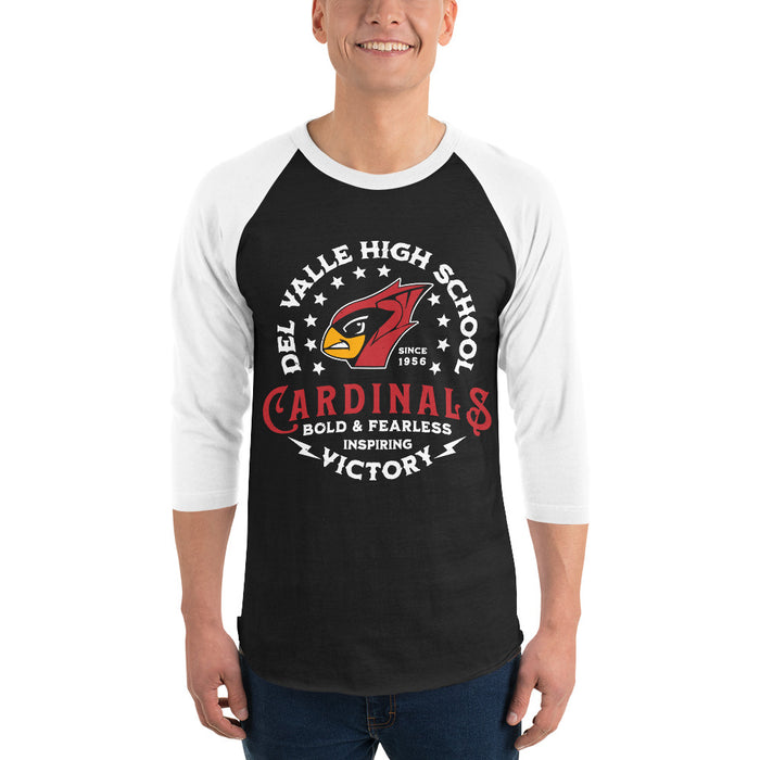 Man wearing Del Valle High School Cardinals Unisex 3/4 sleeve Raglan T-shirt 206